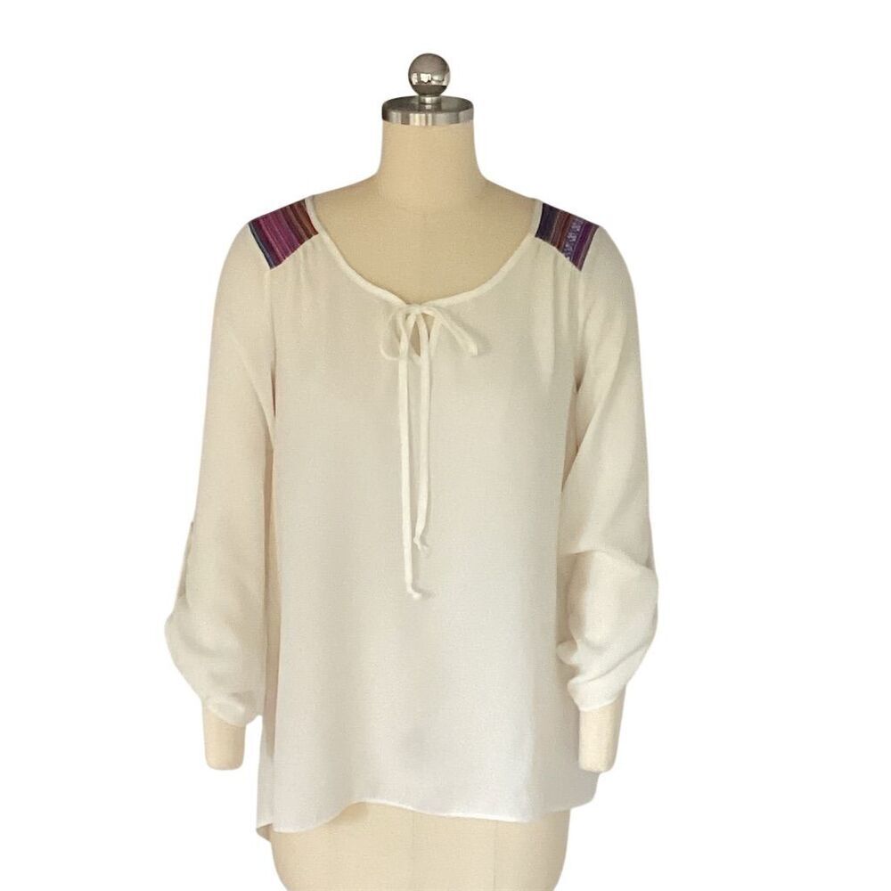 Maurices Women's White Boho Blouse S Tie-Neck 3/4 Sleeve Casual Top
